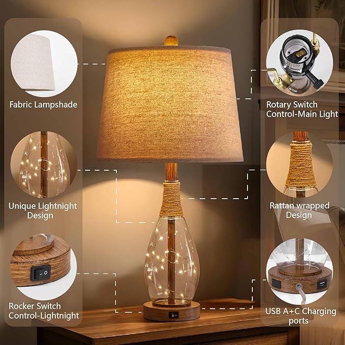 OYEARS Bedside Table Lamps Set of 2 with USB, Modern Bedside Lamps Retro Farmhouse Rattan Glass Nightstand Nightlight Lamps for Bedroom Living Room Dorm,Two Light Points