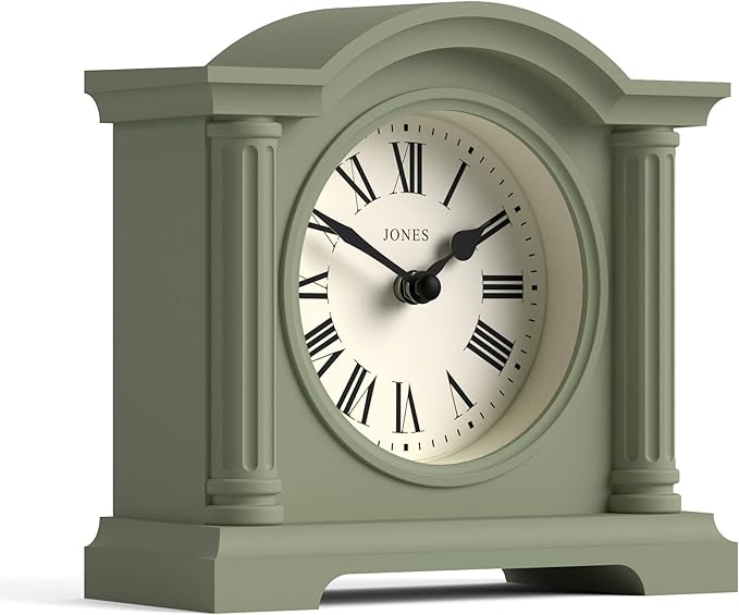 JONES CLOCKS® Kensington Mantel Clock | Classic Arch top Clock | Sage Green | Stylish & Contemporary | Ideal for Desk, Mantelpiece, Bookshelf or Bedside