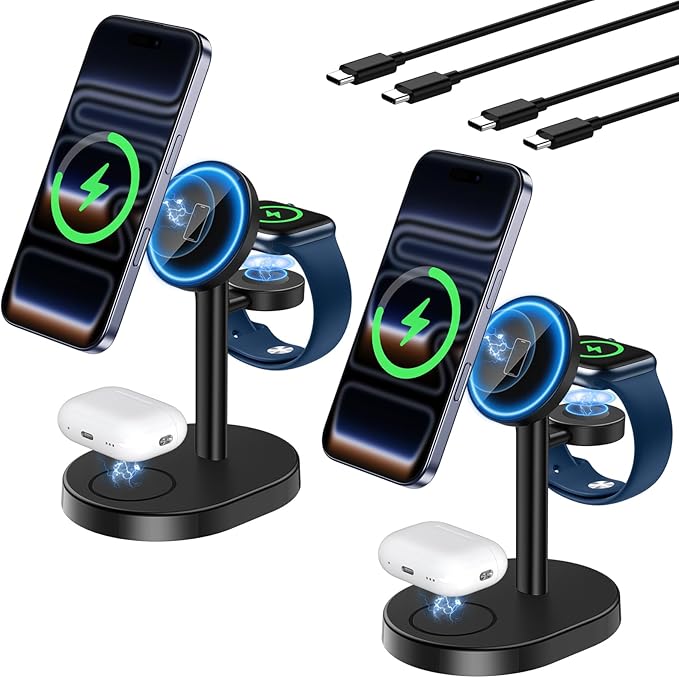 2 Pack Hevanto 2026 3 in 1 Wireless Charging Station for Apple MagSafe Charger, 15W Fast Magnetic Mag-Safe Charger Stand for iPhone 17 16 15 14 13 12 Apple Watch AirPods (Adaptor Not Included)