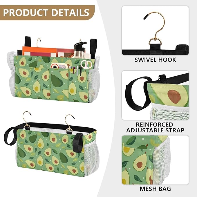 Bedside Caddy Hanging Bunk Bed Caddy Bed Organizer Hanging Pocket with 2 Hooks Bedside Storage Organizer Pocket Bag Holder Green Avocado and Leaf