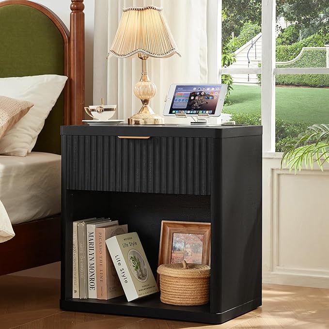 LEYAOYAO 48" Wide Fluted Dresser and 1 Drawers 23" Nightstand Set of 2, Wooden Dresser & Night Stand with Charging Station, 3 Piece Bedroom Furniture Set, Chest of Drawer for Living Room,Black