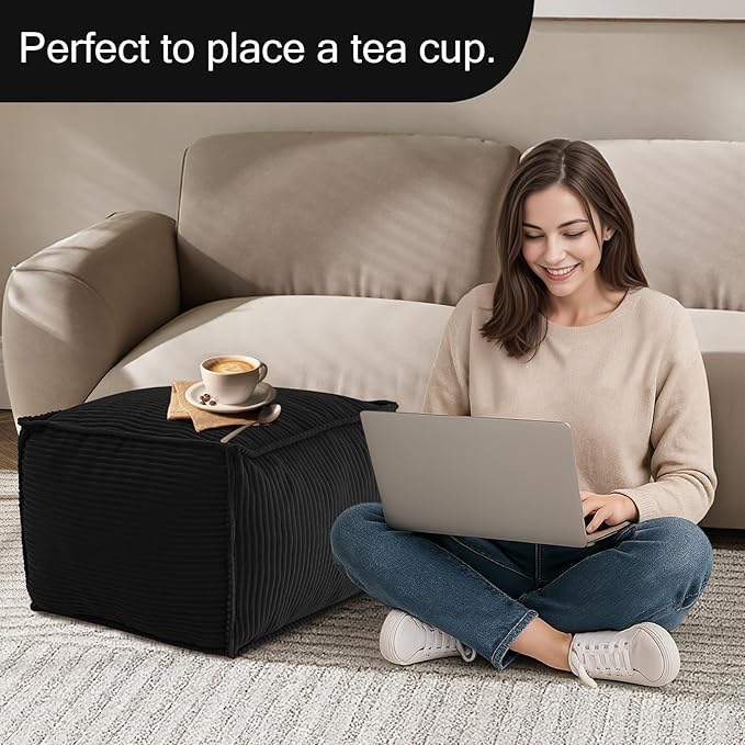 MeMoreCool Stuffed Pouf Ottoman Foot Rest Square, Corduroy Floor Pouf Foot Stool with Foam Chunk Filling, Soft Stuffed Ottoman Footrest for Living Room, Black