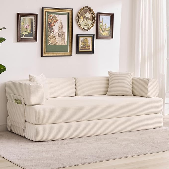 Garvee 5-in-1 Convertible Sofa Bed, 78.8" Modular Corduroy Sleeper with Sturdy Frame & No Assembly, Multi-Functional Futon for Small Space, Living Room & Guest Room (Beige)