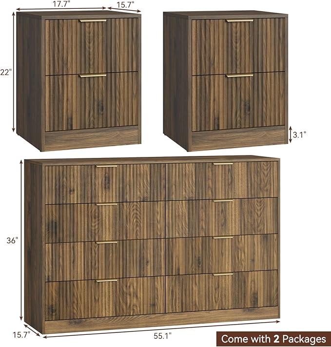 8 Drawer Dresser & Nightstand Set 3-Piece, 55” Wide Fluted Walnut Dresser and Night Stand Set of 2 with Metal Handle, Modern Wood Chest of Drawers Storage Dressers Set for Bedroom, Walnut