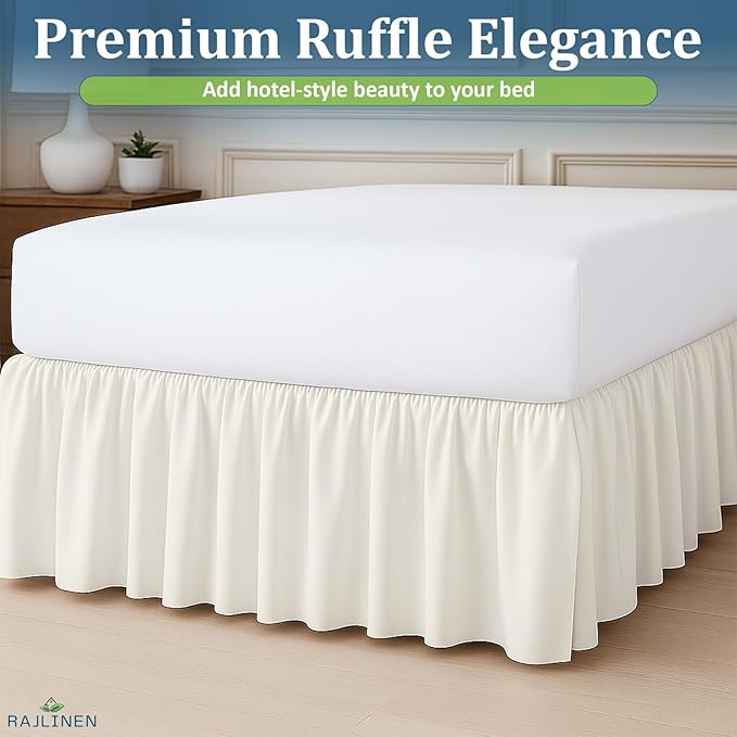 Rajlinen Ruffled Bed Skirt Queen, 8 Inch Drop Dust Ruffle with Split Corners, 100% Microfiber Bedskirt with Platform, Three-Sided Coverage Ruffled Gathering Design, Ivory