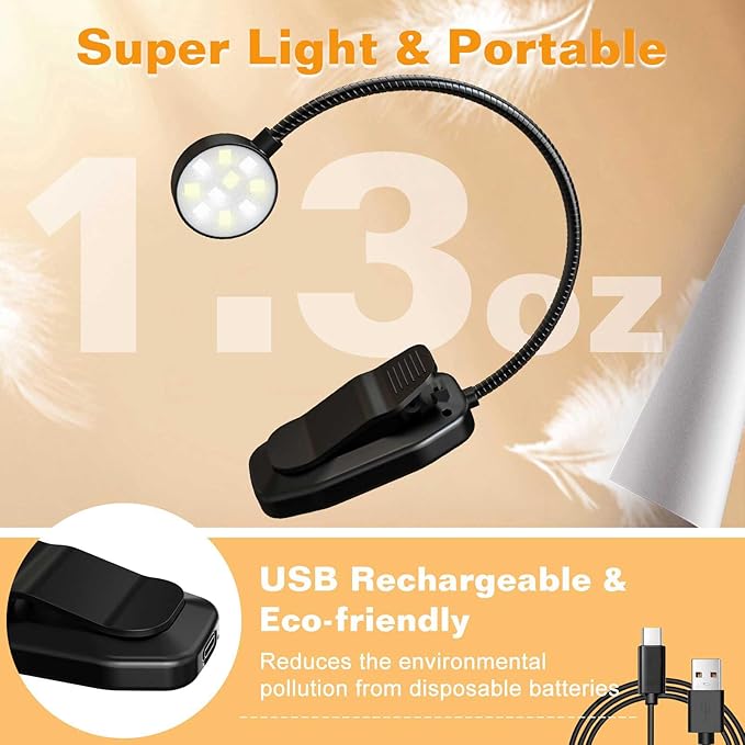 Rechargeable Book Light for Reading in Bed, Eye Caring Book Reading Lamp with 10 LED Modes,1.3 oz Lightweight Portable Clip on Light, 360° Adjustable Clamp Light Perfect for Readers