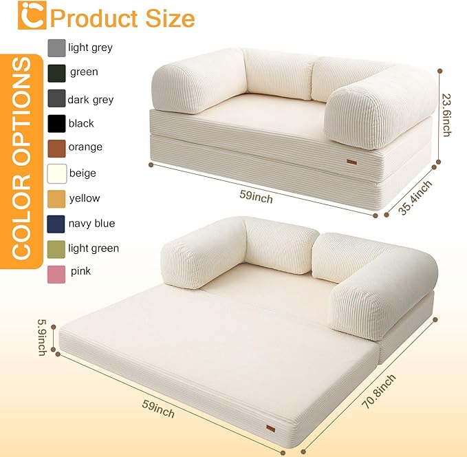 COMAX 4‑in‑1 Futon Sofa Bed Queen – Floor Foldable Convertible Sofa Couch with L‑Shaped Armrests, Removable Cover, Convertible Guest Bed | Space‑Saving Fold‑Out Mattress Lounge for Living Room, Beige
