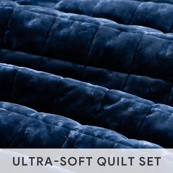 RECYCO Luxury Velvet Quilt Set King Size, Lightweight Velvet Comforter Set, Oversized Bedspread Coverlet Quilted Bedding Set, with 2 Matching Pillow Shams, for All Season, Navy Blue