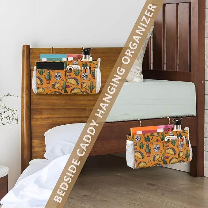 Bedside Caddy Hanging Bunk Bed Caddy Bed Organizer Hanging Pocket with 2 Hooks Bedside Storage Organizer Pocket Bag Holder Orange Mexico Tacos Chilis Skulls
