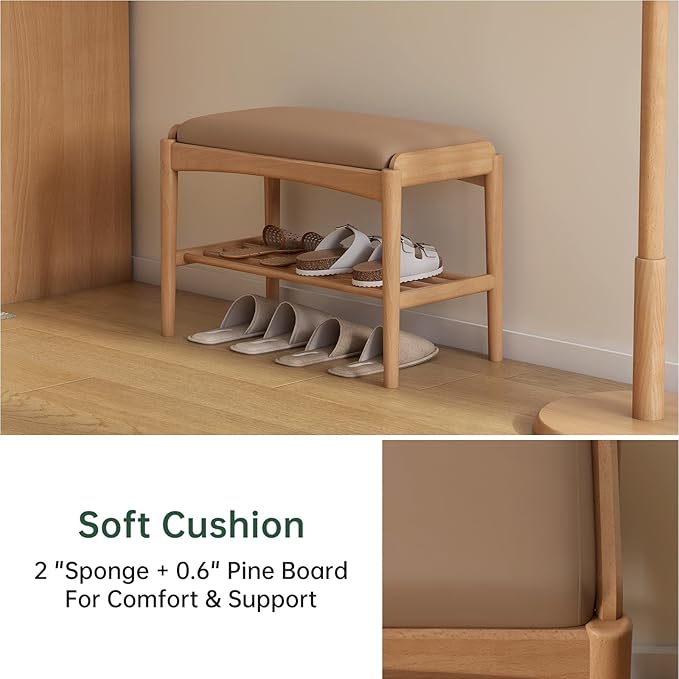 Solid Wood Shoe Bench, Shoe Rack Bench Assembled with Silicone Leather Cushion for Entryway, Hallway, Bedroom, Living Room, 11.8" x 23.6" x 16.5", Beech Wood, Natural