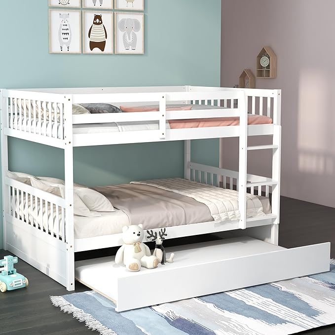 KOMFOTT Wood Full Over Full Bunk Bed with Trundle, Full Bed Frame with Ladder, Solid Wood Frame & Safety Guardrails, Space-Saving Bunk Bed for Teens & Adults, No Box Spring Needed
