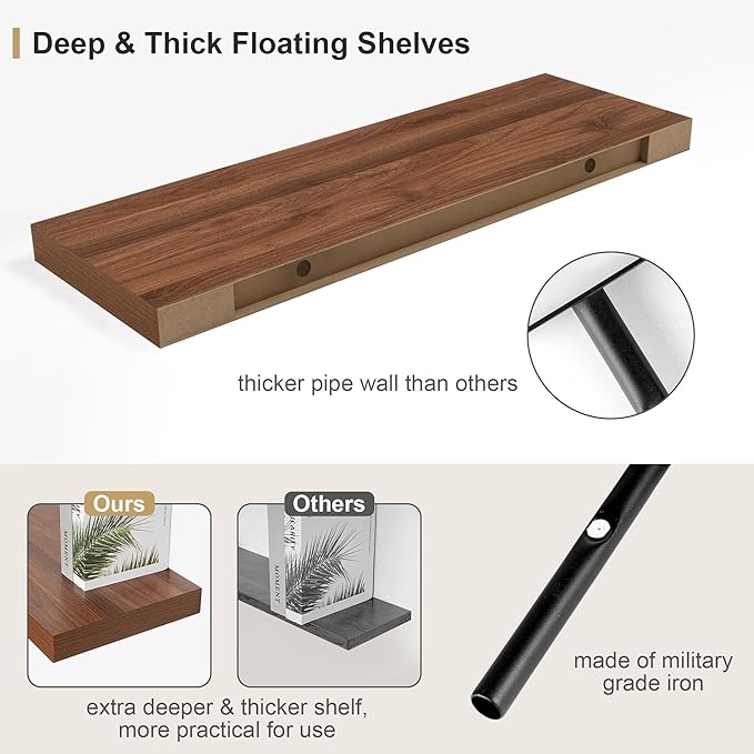 Heimlove Walnut Bathroom Shelf Floating Shelves for Over Toilet Long Wall Mounted Modern Farmhouse,48 x 12 with Invisible Brackets for Living Room, Kitchen, Bedroom