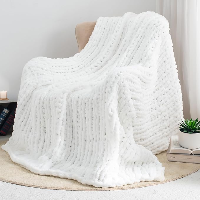 Chunky Knit Throw Blanket 60"X 80", 100% Handmade with Soft Chenille Yarn, 6.7lbs Thick Cable Knitted Blankets, Large Rope Knot Crochet Throws for Couch Sofa Bed Home Decor, Snow White