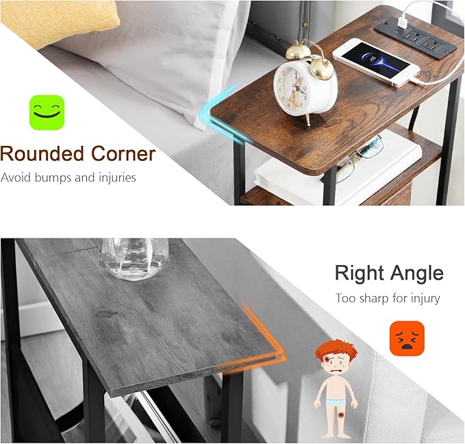 LOAKEKEL Narrow End Table Living Room with Charging Station, Skinny Side Table with Fabric Drawers, Slim Nightstand for Bedroom, Small Spaces, Couch, Rustic Brown, HETNDP03PBR-1