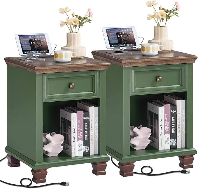 SAVOR LIFE Farmhouse End Tables Living Room Set of 2, Rustic Wood Nightstand with 1 Drawer, Bedside Table with Open Shelf for Bed Room, Side Table for Living Room, Green
