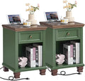 SAVOR LIFE Farmhouse End Tables Living Room Set of 2, Rustic Wood Nightstand with 1 Drawer, Bedside Table with Open Shelf for Bed Room, Side Table for Living Room, Green