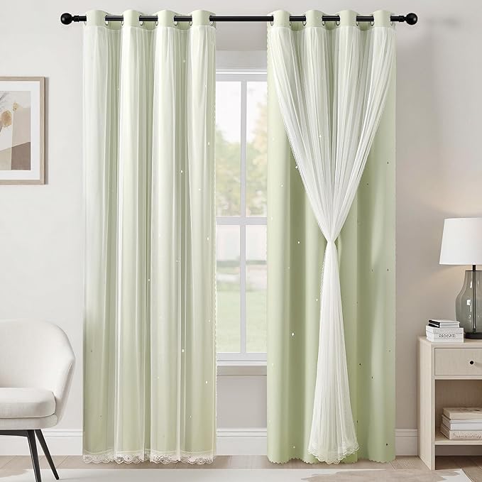 XiDi Green Curtains for Bedroom, Girls Room Blackout Curtains, Kids Room Darkening Curtains, Light Green Decor, 1 Panel Sage Green/52/84/1