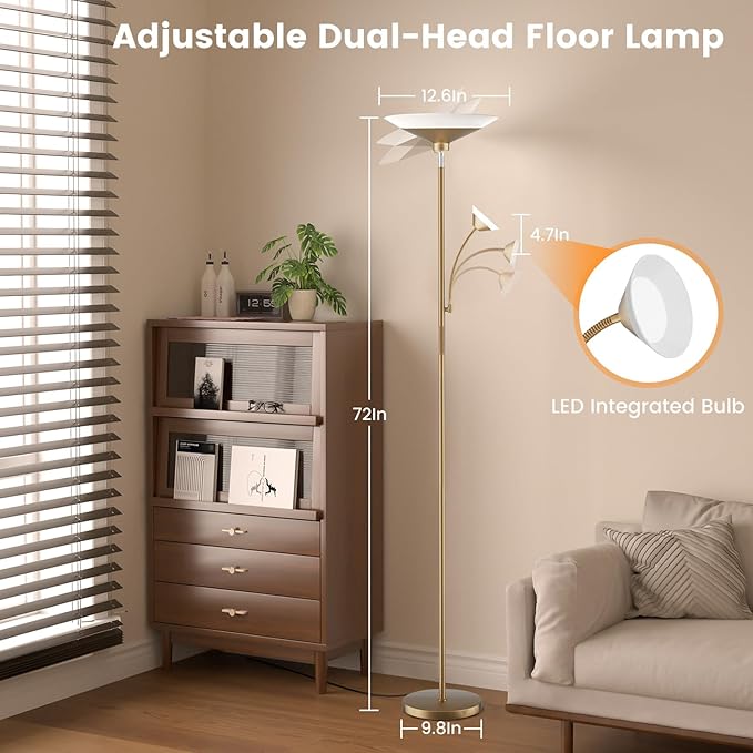 Gold Torchiere Floor Lamp - 2 Way LED Standing Lamp with Reading Light, Dimmable 72'' Tall Lamp with Remote Color Changing, 34W Mordern Uplighter for Living Room Bedroom Office