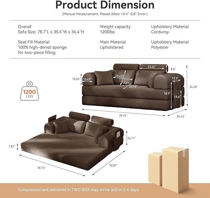 Upgrade High Backrest Design Sofa Bed with Fixed-Shape Frame & Removable Armrests and Backrest, Corduroy Fabric, Convertible Mattress Couch for Small Spaces - No Assembly Needed (High Backrest Brown)