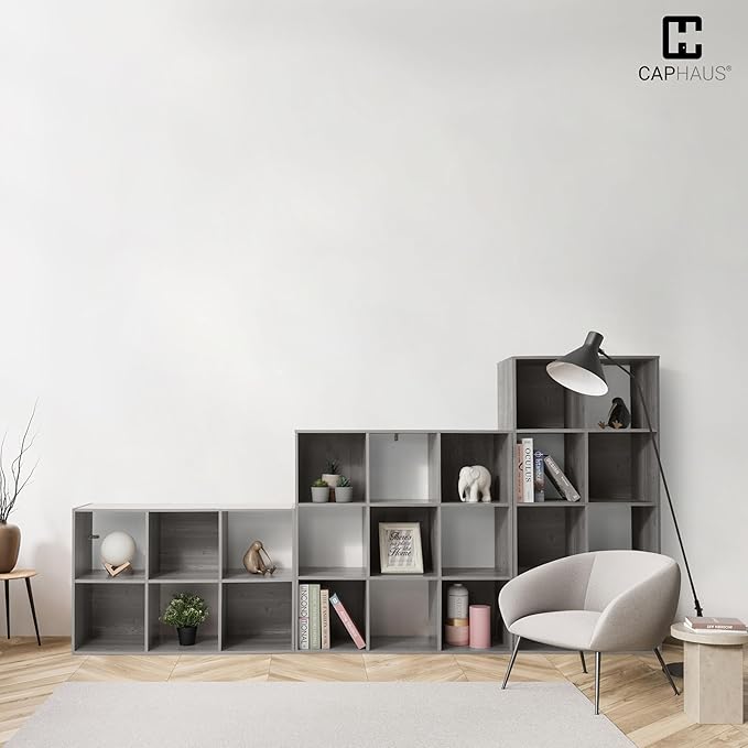 CAPHAUS Sturdy Room 11-Inch Cube Storage Organizer Shelf, with Thick Exterior Edge, Storage Shelf Divider w/Back, Bookcase, 8-Cube, Greige Oak