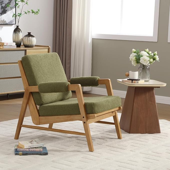 HEAH-YO Modern Accent Chair, Upholstered Boucle Fabric Living Room Chair with Wooden Frame, Comfy Armchair with Thick Cushion for Bedroom Balcony, Green