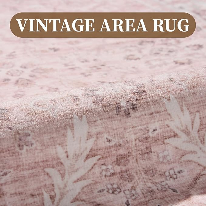MontVoo-Vintage Area Rugs 8X10 Pink Rugs for Living Room-Soft Distressed Printed Rugs for Bedroom-Non Slip Carpet-Machine Washable Rug for Dining Room Living Room Bedside Office