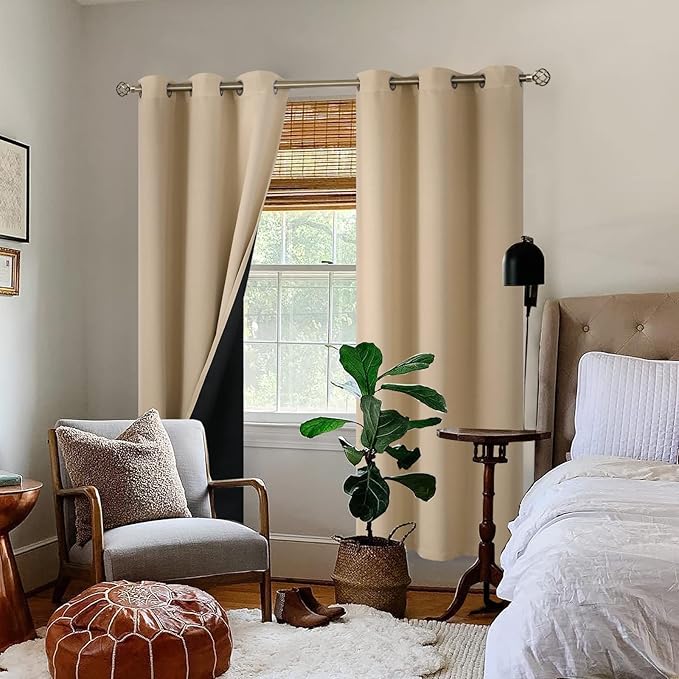 BGment Thermal Insulated 100% Blackout Curtains for Bedroom with Black Liner, Double Layer Full Room Darkening Noise Reducing Grommet Curtain (38 x 84 Inch, Beige, 2 Panels)