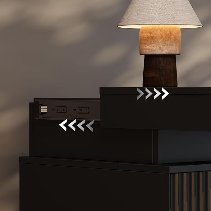 Black Nightstand with 3 Drawers and LED Light, Mid Century Modern Fluted Night Stand with Charging Station, Bedside Table & End Table for Bedroom