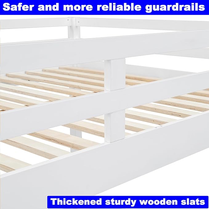Upgraded Version Thicken Solid Wood Queen Over Queen Bunk Bed, Best Wooden Bunk Bed for Adults, Easy to Assemble (White)