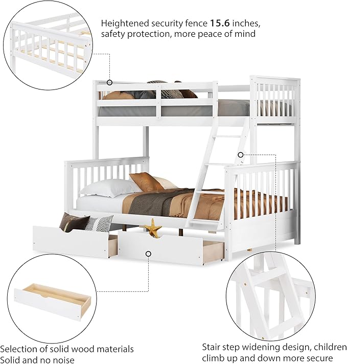 Merax Wood Bunk Bed with Drawers,Convertible Wood Bunk Bed with Ladders and Two Storage Drawers,Solid Wood Detachable Bed Frame with Ladders,Twin Over Full Size,White