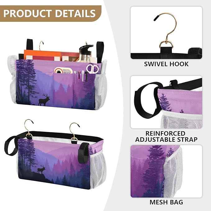 Bedside Caddy Hanging Bunk Bed Caddy Bed Organizer Hanging Pocket with 2 Hooks Bedside Storage Organizer Pocket Bag Holder Purple Stag Mountains and Forest