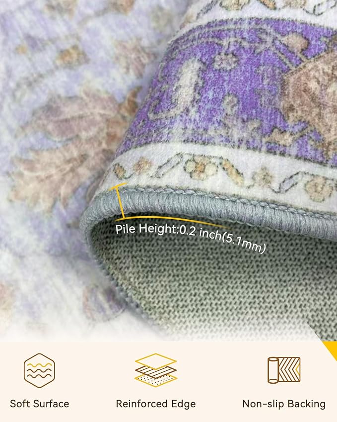 Area Rugs 3'x5' Washable Non-Slip, Floral Vintage Distress Print Pattern Medallion Carpet for Living Room Bedroom Dining Room, Light Purple Brown