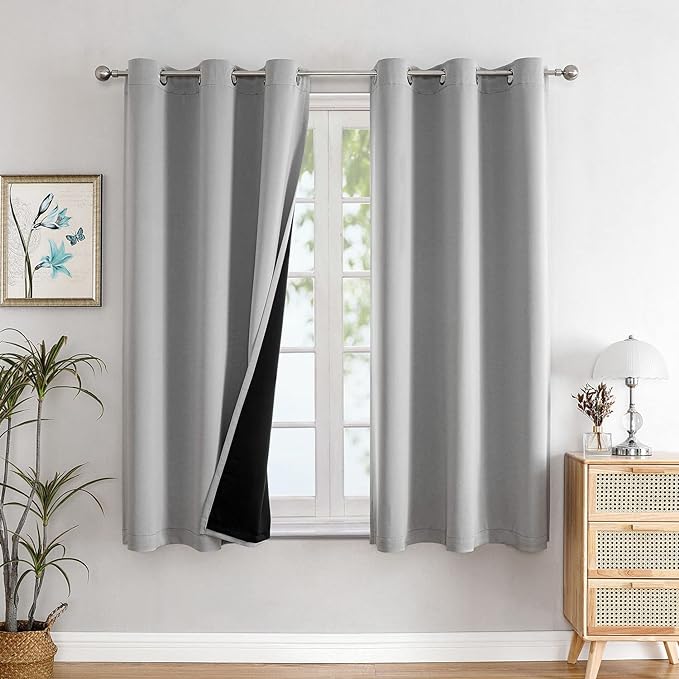 ChrisDowa 100% Blackout Curtains for Bedroom with Black Liner, 2 Thick Layers Total Blackout Thermal Insulated Grommet Small Window Curtains 45 Inch Length 2 Panels Set (Light Grey, 42 x 45 Inch)