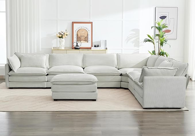 ROWHY 150'' Modular Sectional Corner Cloud Couch, 7 Seater Sofa Big Comfy Corduroy V Shaped Couch with 4 Throw Pillows, Movable Ottoman, Couches for Living Room Office Light Grey