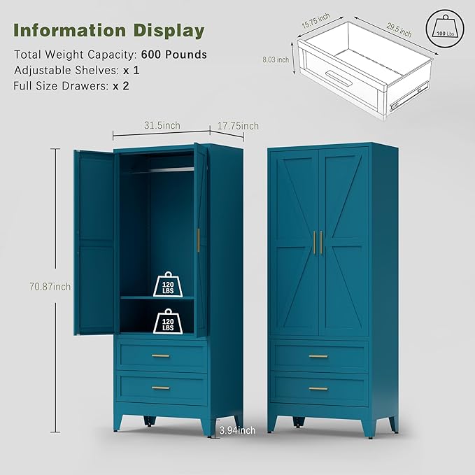 COFaR Metal Wardrobe Cabinet, 71 Farmhouse Armoire Wardrobe Closet with Rods, 2 Barn Doors, Adjustable Shelves, Steel with 2 Drawer Bedroom armoires, Blue Green