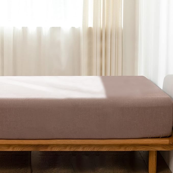 MooMee Fitted Bottom Sheet Only 100% Washed Cotton Linen Like Textured Breathable Durable Soft Comfy Deep Pocket Fits Mattress up to 17" (Mauve Brown, Twin)