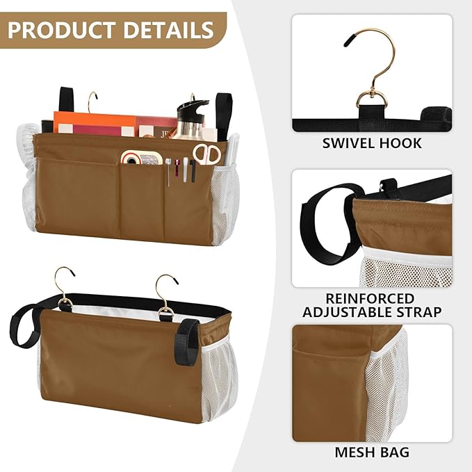 KOPIRIT Brown Bedside Caddy Storage Bag Bedside Organizer for Bunk Bed Headboards College Organizer Caddy Hanging Shelf 6 Pockets with Hooks for Drinks Magazine Phone Holder