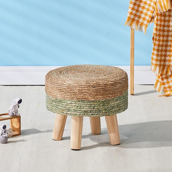 Wimarsbon Round Foot Stool Natural Seagrass Poufs Ottoman Hand Weave Footrest Stool for Couch Desk Extra Seat Step Stool with Solid Wood Legs for Hallway Patio Lounge Green