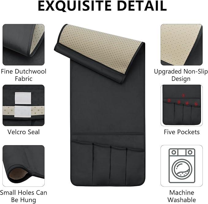WETRBWEH TV Remote Control Holder Couch Caddy, Non-slip Bedside Caddy Organizer with 5 Pockets for Key Glasses Phone Magazine Holders (Black, 35"x12.4")