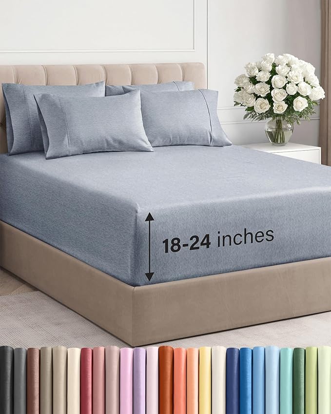 Extra Deep Cal King Sheet Set - 6 Piece Breathable & Cooling Sheets - Hotel Luxury Bed Sheets Set - Easy Fit - Soft, Wrinkle Free & Comfy Sheets Set - Heathered Blue Sheet Set w/Extra Deep Pockets