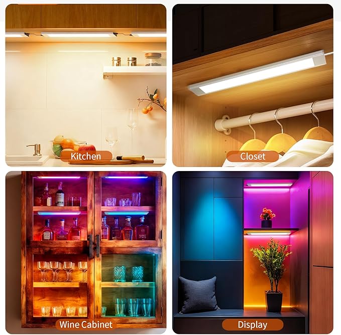 VST RGB Under Cabinet Lighting with Adjustable White Light, 12V Ultra-Thin LED Light Bar, APP & Voice (Alexa/Google), Remote & Button Control, Linkable Strip Lights for Cabinets, Closets, Shelves