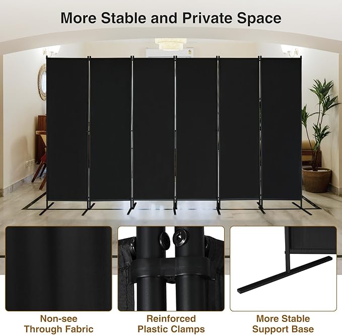 Large 6 Panel Freestanding Folding Room Divider with Support Base, 10FT Wide 6FT Tall Privacy Screen Partition Room Dividers with Freely Combined Connector, 119"x71", Black