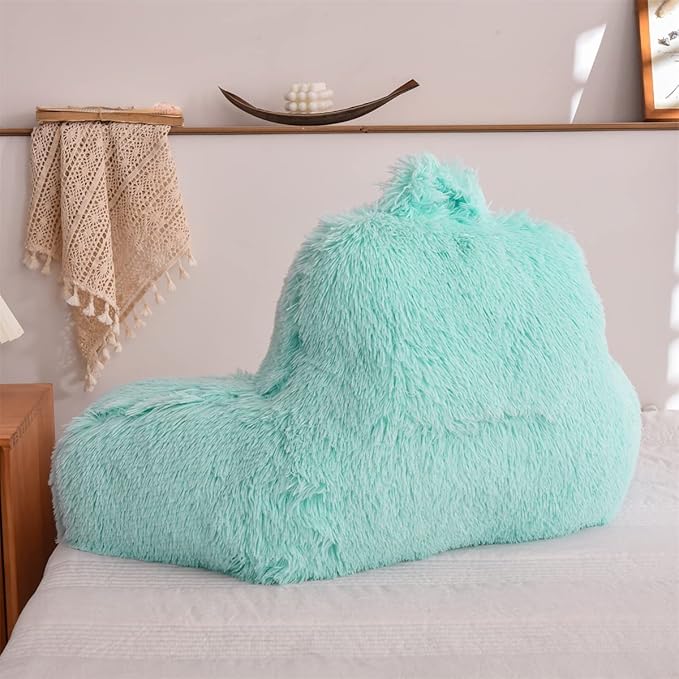 Holawakaka Standard Faux Fur Bed Rest Pillow with Arms,Shaggy Backrest Reading Pillows Perfect for Kids, Teens, Petites, Boys Girls Lumbar & Head Neck Coccyx Lower Back Support Cushion (Aqua)