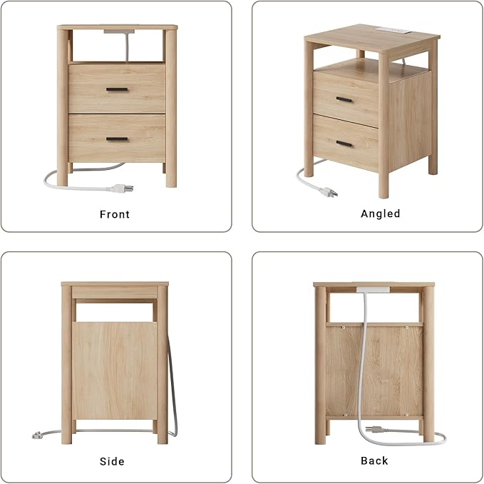 FavourLife Night Stand Set 2, 20" Wide Nightstands Set of 2, Modern Nightstand with Charging Station, 2 Drawer Wooden End Table with Solid Round Post Legs, Large Bedside Table for Bedroom, Natural Oak