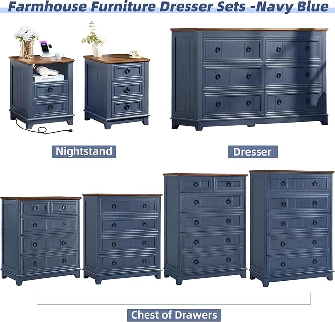 Bedroom Dresser and Nightstand Sets 4 Piece, Farmhouse 6 Drawers Dresser & 40.5" Tall Chest of Drawers, 18" Nightstands Set of 2, 54" Wide Furniture Dressers for Bedroom, Living Room, Blue