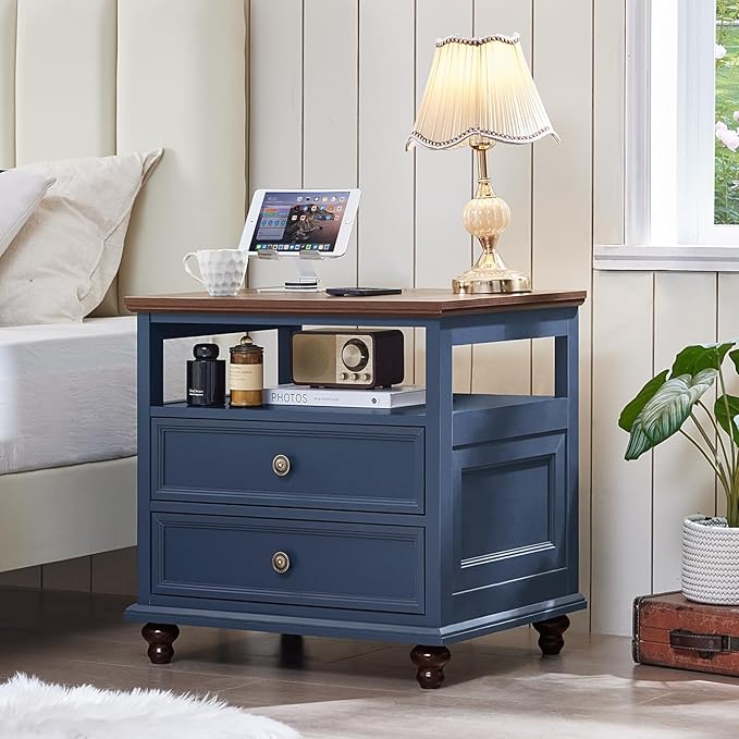 24" Wide Farmhouse Nightstand with Charging Station Set of 2,54" 7 Drawers Dresser, 45" Tall Rustic Chests of 5 Drawers, Farmhouse Furniture Series for Bedroom,DarkBlue