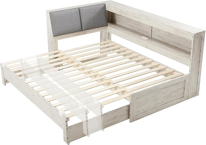 Corner Bed Frame with Extendable Trundle Bed and Bookcase Upholstered Headboard, 3-in-1 Twin Size Wood Daybed with LED Lights and Charging Station, for Bedroom, Guest Room, White