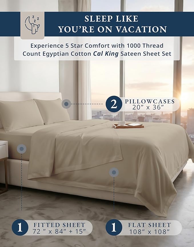 LANE LINEN Luxury 100% Egyptian Cotton Sheets Cal King Sheet Set - 1000 Thread Count, Eo Friendly Oeko-Tex Certified No Pill Fade Resistant Fully Elasticized Machine Washable Cooling Bed Sheet -Taupe