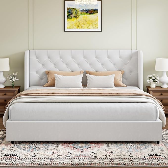 HOMBCK White King Bed Frame, Velvet Upholstered Platform Bed Frame with Headboard, Curved Wingback Design, Wooden Slats, No Box Spring, Noise Free, Easy Assembly