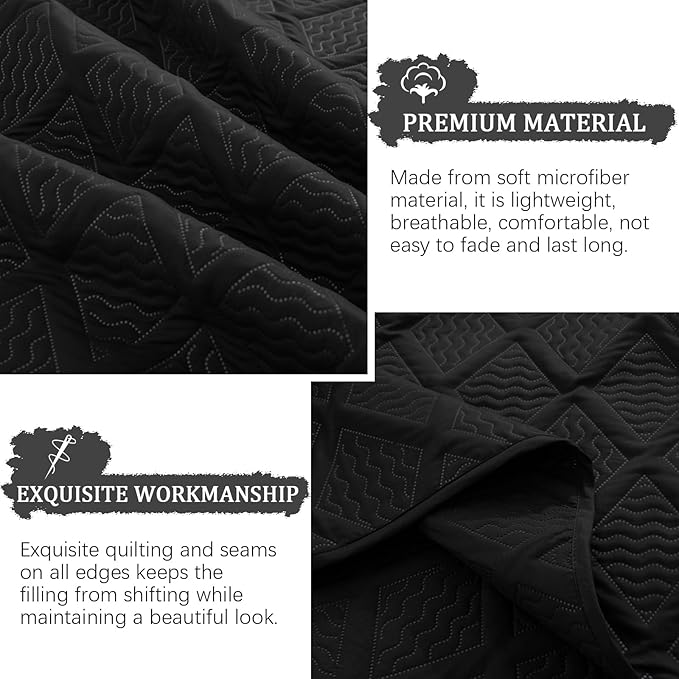 Yiran Black Quilt Set King Size Bedding Set Fall Bedspreads Embossed Diamond Pattern 3 Piece Soft Microfiber Coverlet for All Season with 2 Pillow Shams (King, 106x96 Inch)